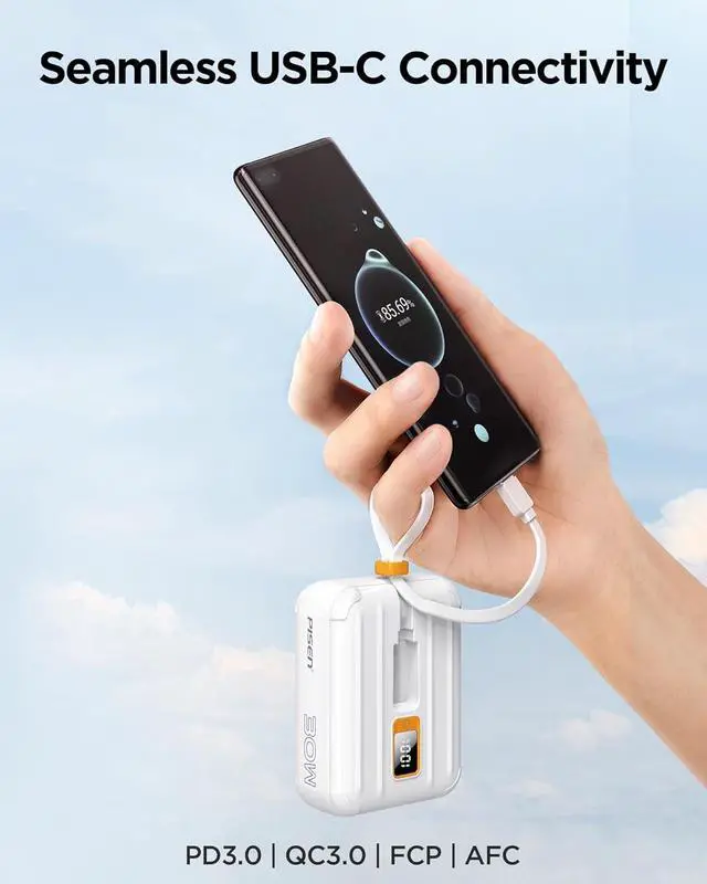Alt view image 4 of 7 - PISEN 10000mAh Portable Power Bank - Fast Charger with Built-in USB Cables, 30W High Speed Charging USB C Battery Pack, Mini LED Display Powerbank for iPhone 16/15/14/13/12 Pro/Pro Max/Plus (White)
