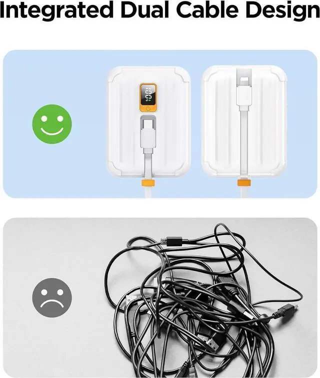 Alt view image 5 of 7 - PISEN 10000mAh Portable Power Bank - Fast Charger with Built-in USB Cables, 30W High Speed Charging USB C Battery Pack, Mini LED Display Powerbank for iPhone 16/15/14/13/12 Pro/Pro Max/Plus (White)