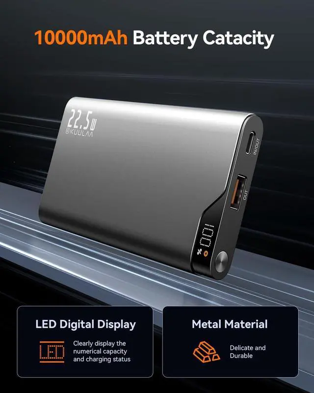 Alt view image 2 of 7 - Kuulaa 2-Pack 10000mAh 22.5W PD Power Bank with LED Display, USB-C Fast Charger for iPhone 16/15/14 Pro/Plus, Samsung S24 Ultra, iPad - Slim Airplane Approved Travel Portable Charger Metal Shell