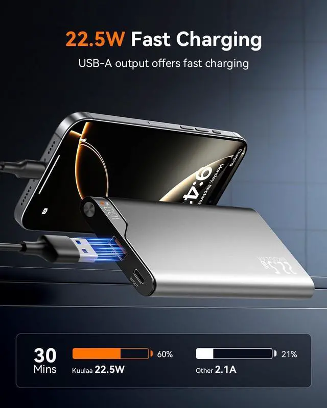 Alt view image 3 of 7 - Kuulaa 2-Pack 10000mAh 22.5W PD Power Bank with LED Display, USB-C Fast Charger for iPhone 16/15/14 Pro/Plus, Samsung S24 Ultra, iPad - Slim Airplane Approved Travel Portable Charger Metal Shell