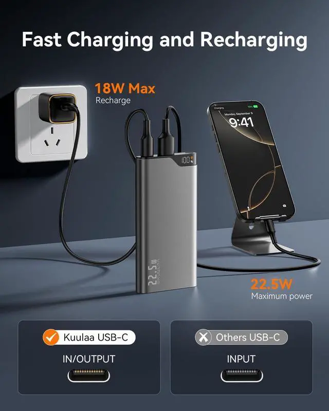 Alt view image 5 of 7 - Kuulaa 2-Pack 10000mAh 22.5W PD Power Bank with LED Display, USB-C Fast Charger for iPhone 16/15/14 Pro/Plus, Samsung S24 Ultra, iPad - Slim Airplane Approved Travel Portable Charger Metal Shell