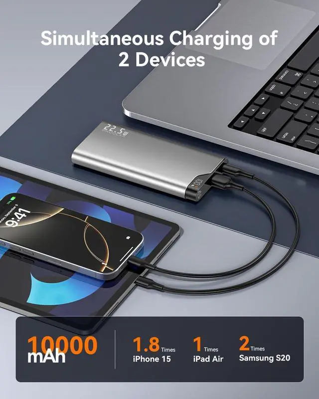 Alt view image 4 of 7 - Kuulaa 2-Pack 10000mAh 22.5W PD Power Bank with LED Display, USB-C Fast Charger for iPhone 16/15/14 Pro/Plus, Samsung S24 Ultra, iPad - Slim Airplane Approved Travel Portable Charger Metal Shell