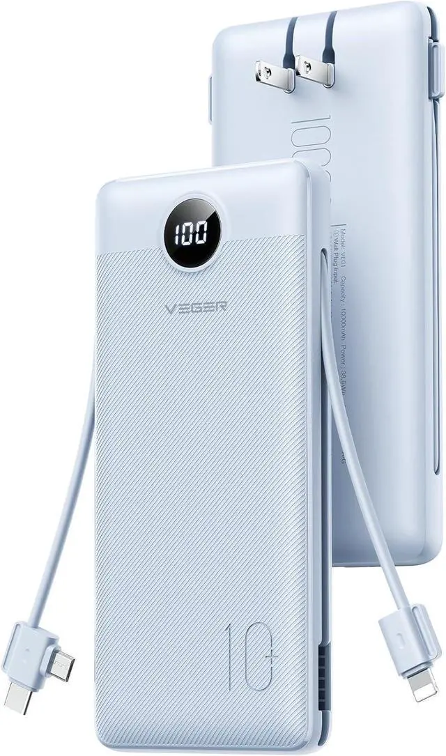 Main image of VEGER AC Wall Plug Portable Charger, 10000mah Slim Portable Charger Built in Cables, USB C Power Bank 15W Fast Charging, Travel Essential Battery Pack Compatible with iPhone, Android and More(Blue)