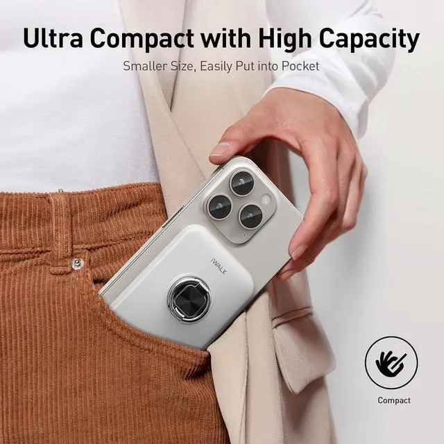 Alt view image 2 of 6 - iWALK Magnetic Portable Charger for iPhone, 10,000mAh Wireless Power Bank with Stand, 15W MagSafe Fast Charging and USB-C PD 20W Charging for iPhone16/15/14/13/12 Series/Airpod