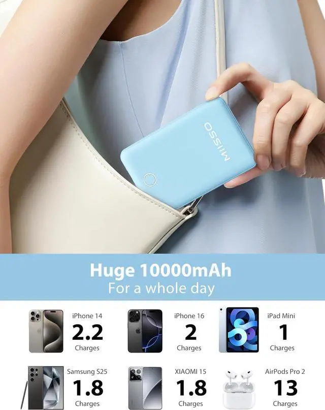 Alt view image 3 of 7 - 10000mAh Compatible with iPhone 15/16/17 (Only) Slim Portable Charger with Built in Cable, Power Bank Travel Charger External Battery Pack for Phone, 3 Output USB Type C Cord Clutch Charger, Blue