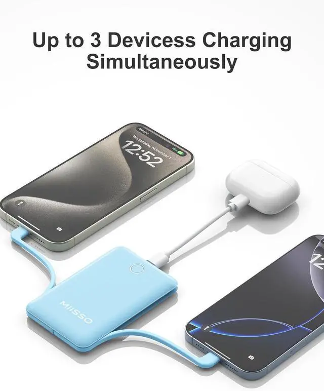 Alt view image 5 of 7 - 10000mAh Compatible with iPhone 15/16/17 (Only) Slim Portable Charger with Built in Cable, Power Bank Travel Charger External Battery Pack for Phone, 3 Output USB Type C Cord Clutch Charger, Blue