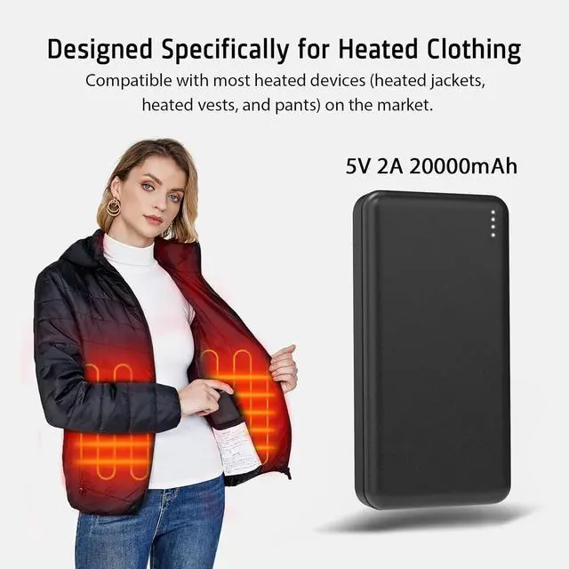 Main image of 5V2A 20000mAh Battery Pack for Heated Vest Heated Jacket Power Bank for Heating Electric Vests Jackets Coat Hoodies Battery Pack for Man Women Heated Clothing (Not suit for 7.4V Heated Clothing)