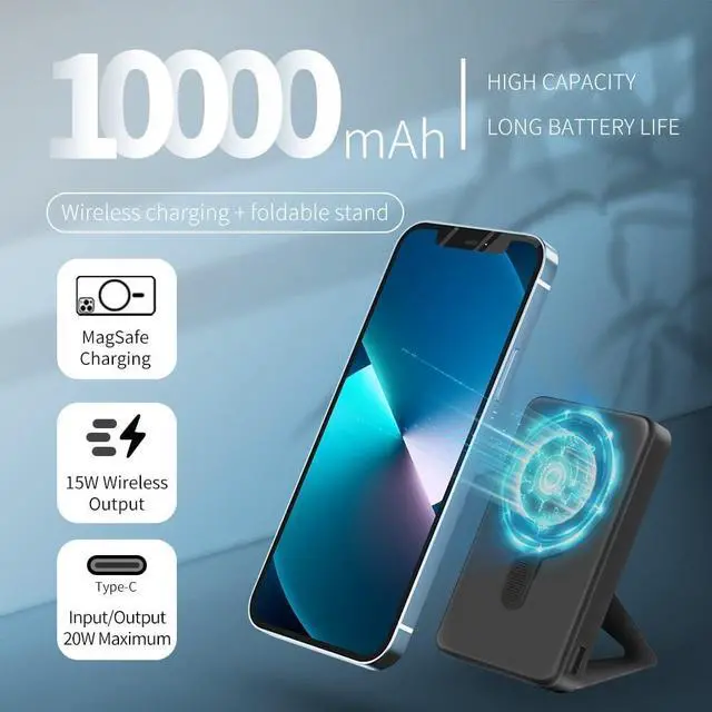 Alt view image 2 of 7 - SITONG Magnetic Wireless Power Bank with Foldable Stand Compatible with MagSafe, 10000mAh Battery Pack for iPhone 14/13 / 12 Series, Portable Charger with USB-C Cable (Black)