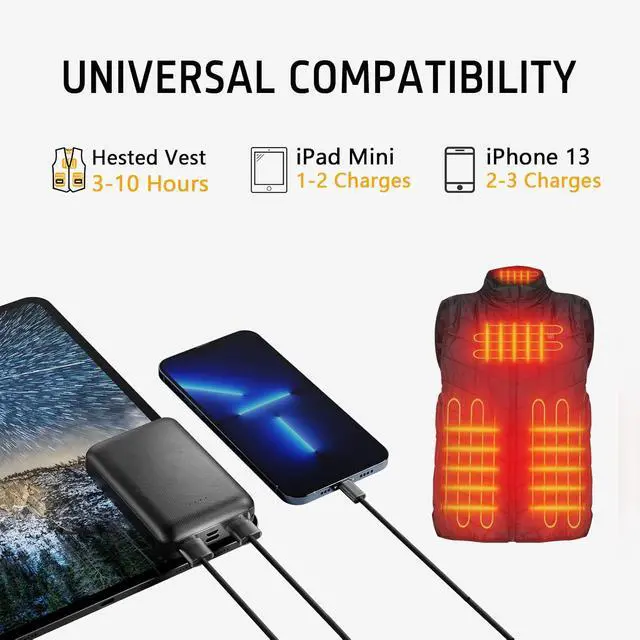 Alt view image 5 of 7 - Heated Vest Battery Pack Power Bank 10000 mAh for Heated Jacket Heating Electric Vest Coat Hoodies for Man for Women