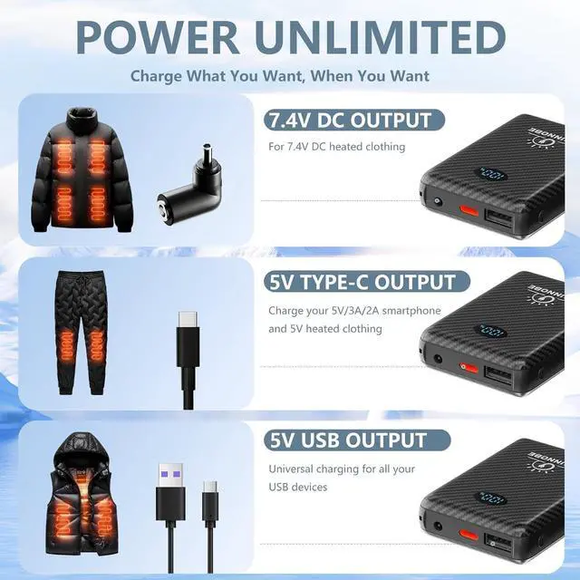 Alt view image 2 of 6 - Battery Pack for Heated Vest, 7.4V/5V 10000mAh Power Bank for Heated Vest with DC/USB/Type-C Output and LED Display for Heating Clothing and Phones