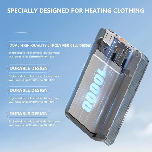 Alt view image 4 of 6 - Battery Pack for Heated Vest, 7.4V/5V 10000mAh Power Bank for Heated Vest with DC/USB/Type-C Output and LED Display for Heating Clothing and Phones
