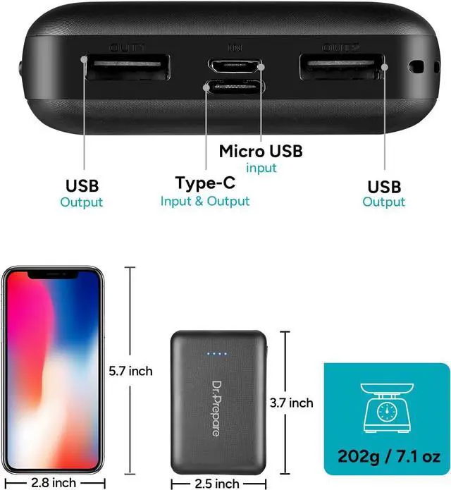 Alt view image 7 of 7 - DR.PREPARE 5V 3A Heated Vest Battery Pack, 10000mAh Power Bank for Heated Jacket with Dual USB Outputs & Type C in/Output, Ultra-Compact Portable External Battery Charger, Eye Mask, iPhone, iPad