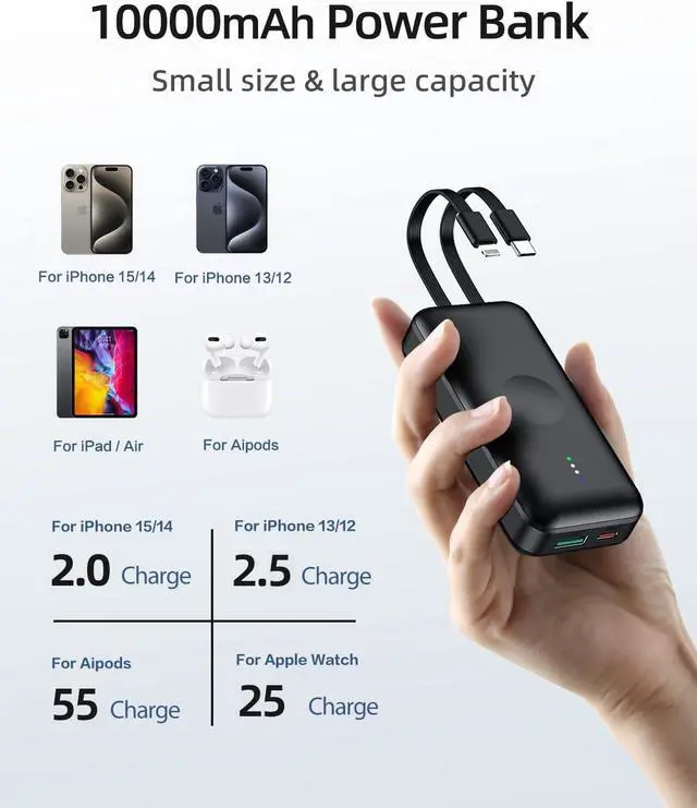 Alt view image 2 of 7 - Portable Apple Watch Charger, 10000mAh Mini Power Bank for iWatch,Fast Charging Phone Charger with Built in Cable,Compatible with Apple Watch 9/Ultra/8/7/6/Se/5/4/3/2/iPhone14/13/12/11/ iPod/Samsung