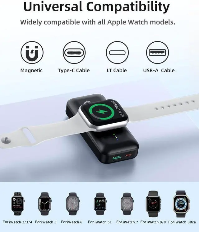Alt view image 3 of 7 - Portable Apple Watch Charger, 10000mAh Mini Power Bank for iWatch,Fast Charging Phone Charger with Built in Cable,Compatible with Apple Watch 9/Ultra/8/7/6/Se/5/4/3/2/iPhone14/13/12/11/ iPod/Samsung