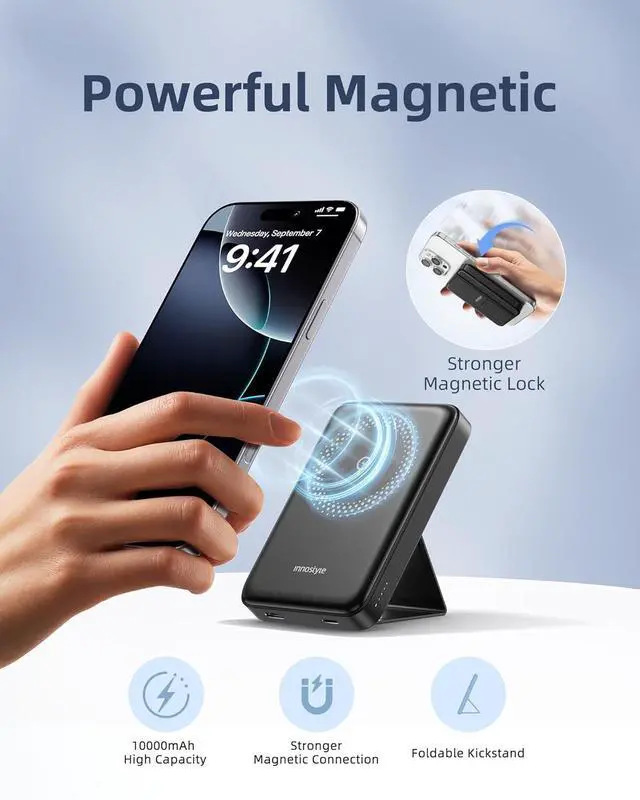 Alt view image 2 of 6 - Magnetic Power Bank 3-in-1: 10000mAh MagSafe Wireless Charger with Stand, 20W Fast Charging for iPhone 16/15/14/13, Portable Battery for AirPods, Samsung Galaxy (Foldable & Slim) | Black