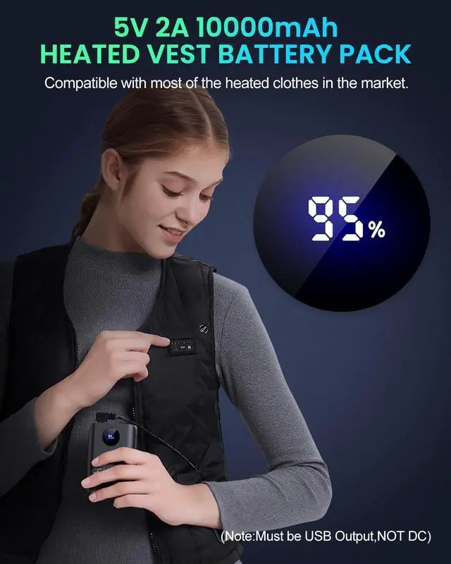 Alt view image 2 of 7 - 5V 2A Heated Vest Battery Pack,Power Bank Heated Jacket, LCD Display 10000mAh Portable Charger,Battery Phone Charger for iPhone,Android etc.