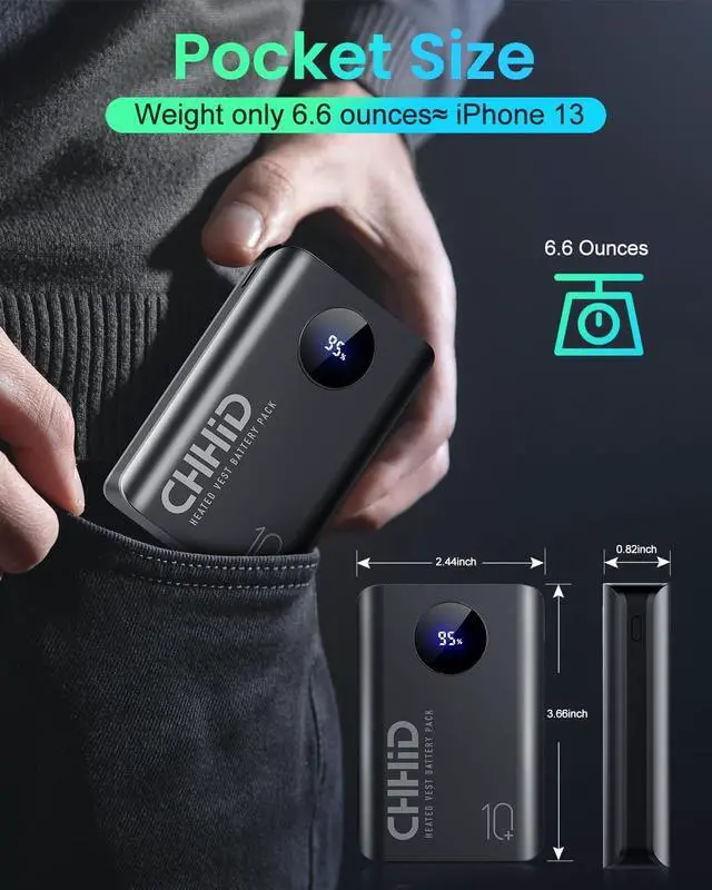 Alt view image 4 of 7 - 5V 2A Heated Vest Battery Pack,Power Bank Heated Jacket, LCD Display 10000mAh Portable Charger,Battery Phone Charger for iPhone,Android etc.