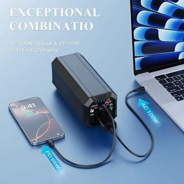 Alt view image 2 of 7 - Portable Laptop Power Bank, 98Wh/27000mAh Portable Charger with 100W AC Outlet, 65W PD Laptop Battery Bank Power Supply for Camping, Outdoors, Home Emergency Outage