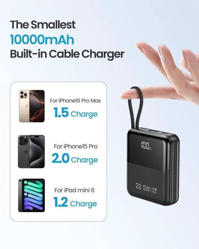 Alt view image 2 of 7 - Small Portable Charger with Built in Cable, 10000mAh Smart LED Display Mini Power Bank,USB C Input/Output Fast Charging Cell Phone Battery Pack,for iPhone 16/15 /14/13/Samsung/Android/Tablet.