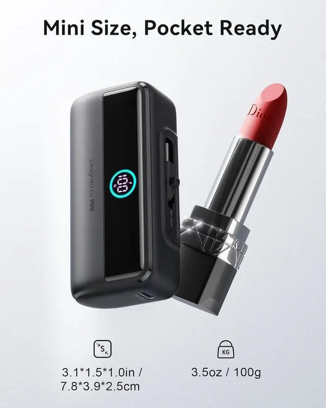 Alt view image 2 of 7 - INIU Small Portable Charger, 5500mAh Power Bank with Build-in USB-C Connector, 22.5W PD Fast Charging Battery Pack, Family Trip Essential Phone Charger for iPhone 16 15, Fit for College Students, Red