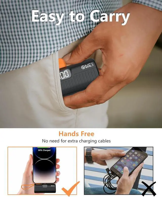 Alt view image 5 of 7 - ONES Portable Power Bank, Upgraded 5000mAh Fast Charging with LED Display, Mini Battery Pack Backup Small Charger for iPhone 16/15/14/13/12/11/XS Samsung S23 etc, USB C Plug & Lighting Cable, Black