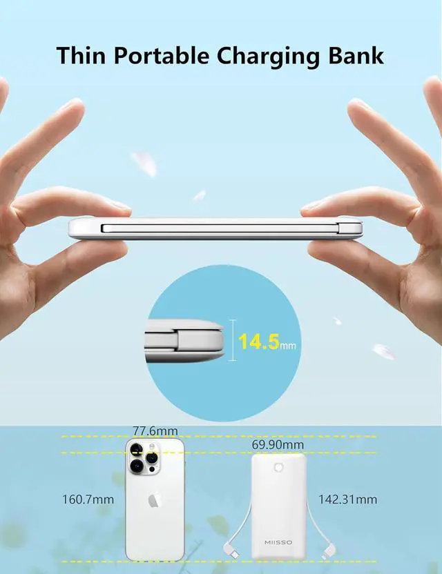Alt view image 3 of 7 - Portable Charger, Slimmest 10000mAh Power Bank with Built-in Cables, USB C in&out Charging Battery Pack, External Phone Powerbank Battery Pack Compatible with iPhone, Android Phone, Pearl White