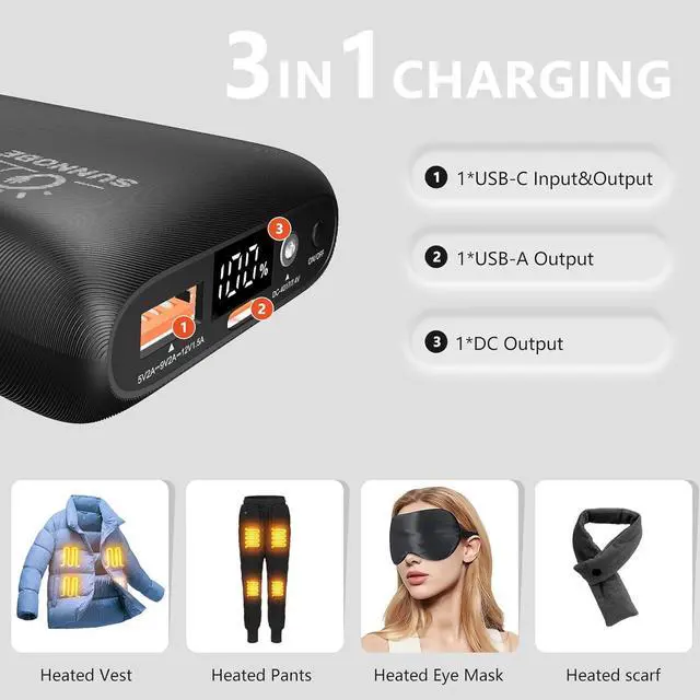 Alt view image 2 of 6 - 16000mah Heated Vest Battery Pack Compatible with ORORO and Venustas,Portable Power Bank with DC/USB/Type-C 7.4V/5V Output and LED Display for Heated Vest,Jacket,Pant,Blanket