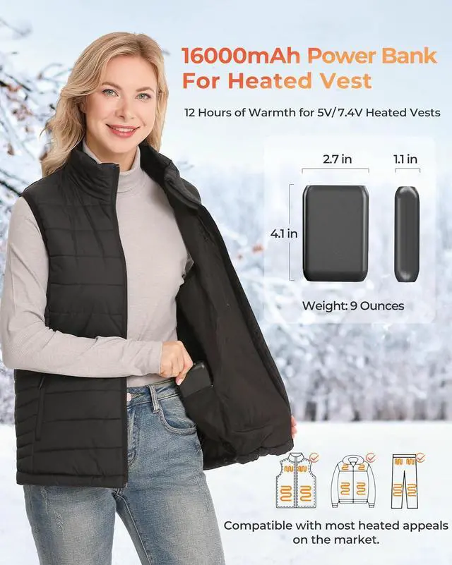 Main image of ./  Heated Vest Battery Pack, Power Bank with USB/Type-C/DC (3.5/3.8/4.0) Output and LED Display, for Heated Vests, Hoodies, and Jackets up to 12H