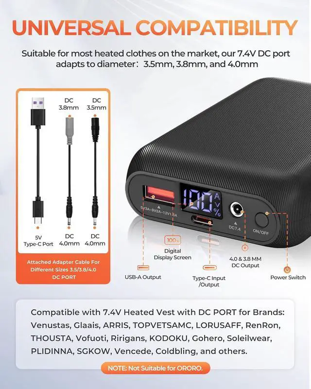Alt view image 3 of 6 - ./  Heated Vest Battery Pack, Power Bank with USB/Type-C/DC (3.5/3.8/4.0) Output and LED Display, for Heated Vests, Hoodies, and Jackets up to 12H