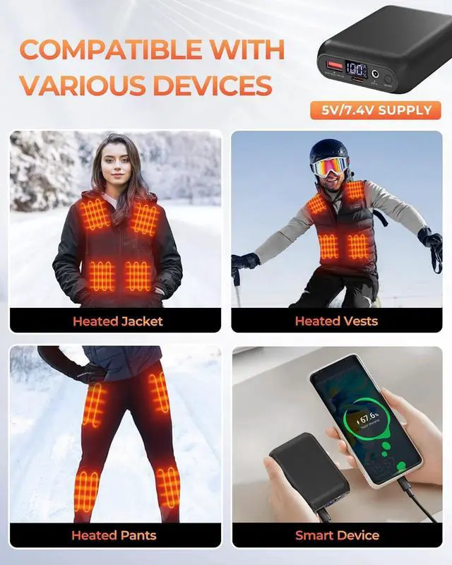 Alt view image 6 of 6 - ./  Heated Vest Battery Pack, Power Bank with USB/Type-C/DC (3.5/3.8/4.0) Output and LED Display, for Heated Vests, Hoodies, and Jackets up to 12H