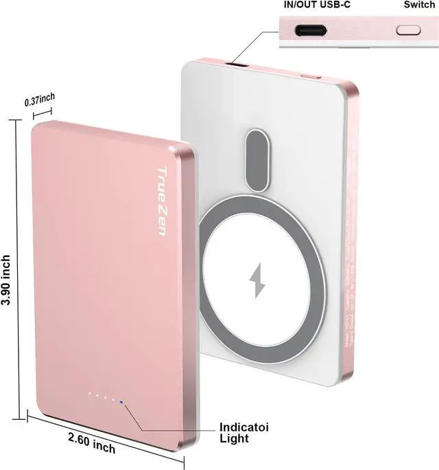 Alt view image 2 of 7 - Portable Charger,For Magsafe Pink Portable Charger 5000mAh Magnetic Power Bank Wireless Battery Pack with USB-C Cable for Iphone12-16,Samsung,Google,Travel Accessories,Birthday Gifts for Women Mom
