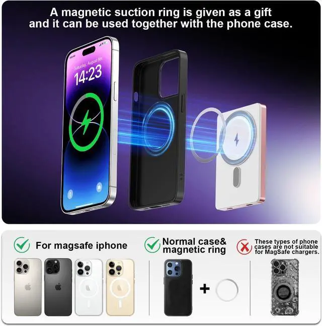 Alt view image 4 of 7 - Portable Charger,For Magsafe Pink Portable Charger 5000mAh Magnetic Power Bank Wireless Battery Pack with USB-C Cable for Iphone12-16,Samsung,Google,Travel Accessories,Birthday Gifts for Women Mom