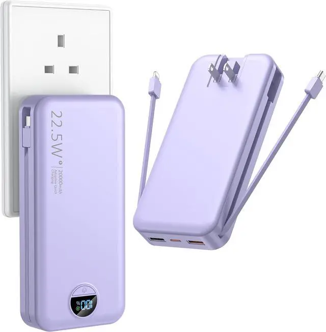 Main image of Portable Charger with Wall Plug, 20000mAh USB C Power Bank Fast Charging, External Battery Pack with Built in Cables, Digital Display, 5 Output 2 Input for iPhone Android Cell Phone Tablet