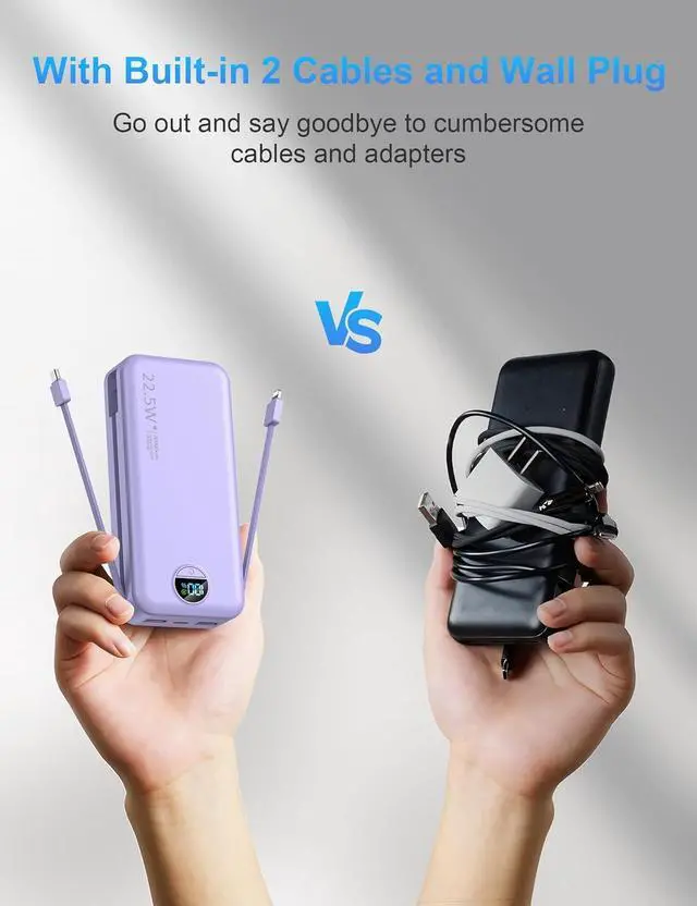 Alt view image 2 of 7 - Portable Charger with Wall Plug, 20000mAh USB C Power Bank Fast Charging, External Battery Pack with Built in Cables, Digital Display, 5 Output 2 Input for iPhone Android Cell Phone Tablet