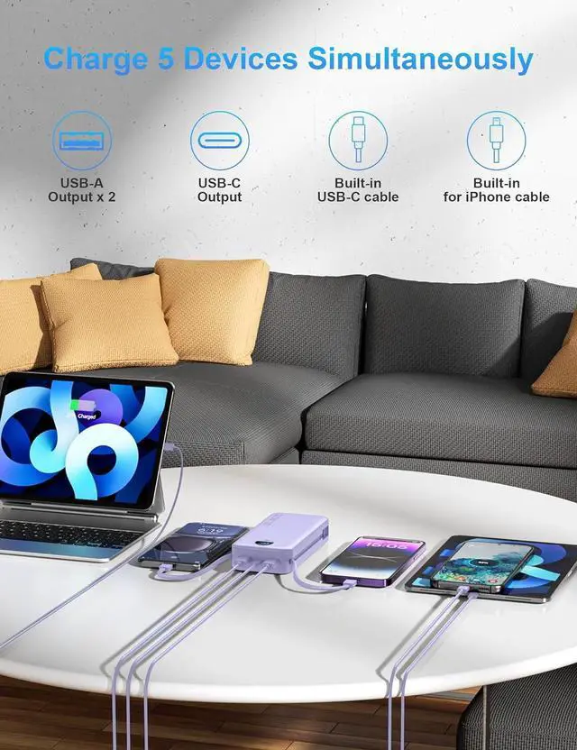 Alt view image 7 of 7 - Portable Charger with Wall Plug, 20000mAh USB C Power Bank Fast Charging, External Battery Pack with Built in Cables, Digital Display, 5 Output 2 Input for iPhone Android Cell Phone Tablet