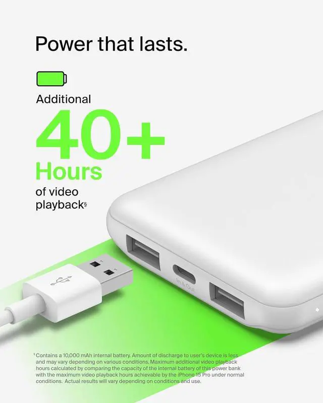 Alt view image 4 of 7 - Portable Charger USB-C Power Bank 10000 mAh w/ 1xUSB-C Port & 2xUSB-A Ports 15W w/Type-C to Type-A Cable for iPhone 16  Galaxy S25 Nintendo Switch 2 Google Pixel 10 etc. - White