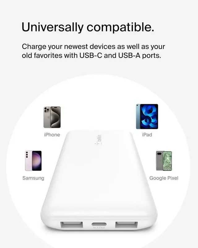 Alt view image 6 of 7 - Portable Charger USB-C Power Bank 10000 mAh w/ 1xUSB-C Port & 2xUSB-A Ports 15W w/Type-C to Type-A Cable for iPhone 16  Galaxy S25 Nintendo Switch 2 Google Pixel 10 etc. - White