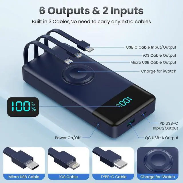 Alt view image 3 of 5 - Portable Charger with Built-in Cables and iWatch Charger,10800mAh QC4.0+PD Fast Charging USB C Power Bank,6 Outputs Travel Battery Pack Compatible with iPhone 16/15/14/13/12,Apple Watch(Deep Blue)