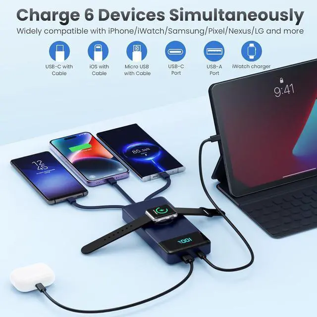 Alt view image 4 of 5 - Portable Charger with Built-in Cables and iWatch Charger,10800mAh QC4.0+PD Fast Charging USB C Power Bank,6 Outputs Travel Battery Pack Compatible with iPhone 16/15/14/13/12,Apple Watch(Deep Blue)