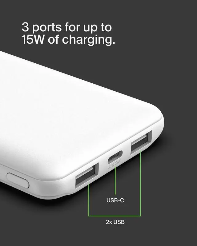 Alt view image 7 of 7 - Portable Charger USB-C Power Bank 10000 mAh w/ 1xUSB-C Port & 2xUSB-A Ports 15W w/Type-C to Type-A Cable for iPhone 16  Galaxy S25 Nintendo Switch 2 Google Pixel 10 etc. - White