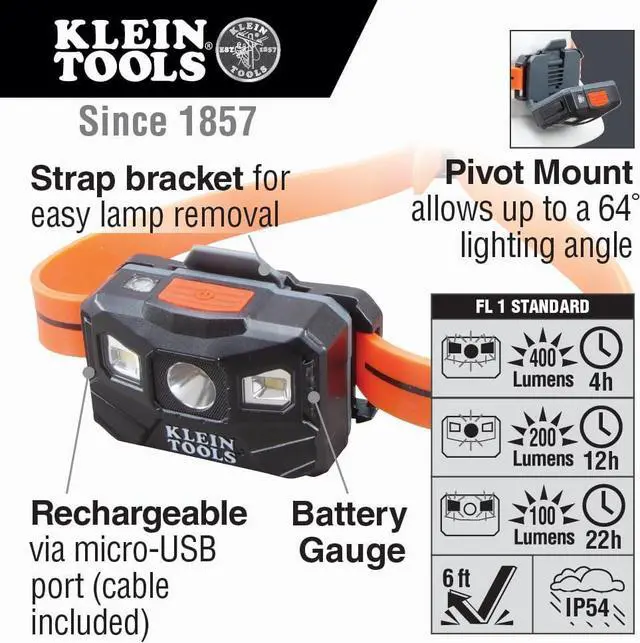 Alt view image 2 of 7 - Klein Tools 56064 Rechargeable Auto-Off LED Headlamp, Silicone Strap, 400 lms, All-Day Runtime, for Work, Running, Outdoor Hiking, Camping