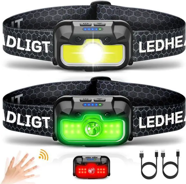Main image of Headlamp Rechargeable 2 Pack, 1300 Lumen Ultra-Bright Head Lamp with Red Light, Waterproof Motion Sensor Head Lights for Forehead with White Green, 14 Modes Adjustable Headlight for Camping