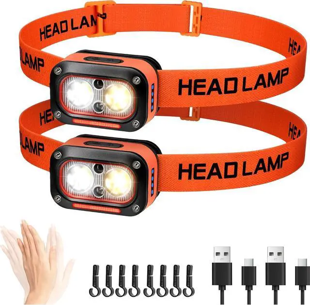 Main image of DARKBEAM LED Headlamp High Lumens USB Rechargeable Dual Light Headlight for Hardhat with Motion Sensor, Red Warning Light Up/Down Adjustable, Waterproof Head Lamps for Camping, Car Maintenance, 2 Pack