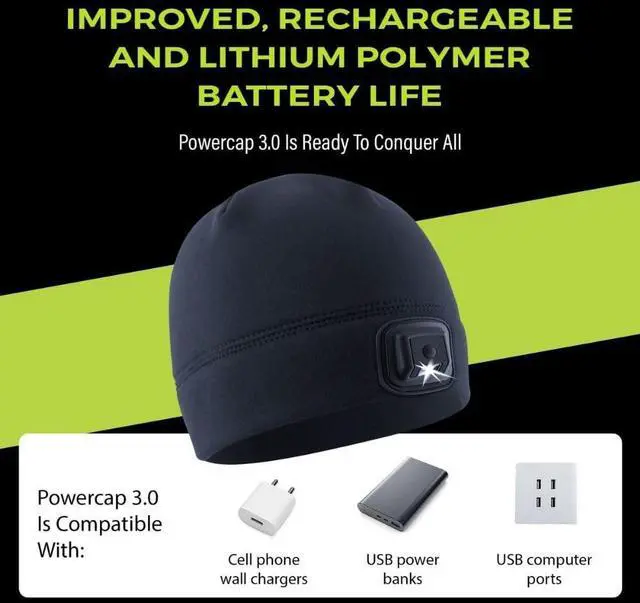 Alt view image 7 of 7 - POWERCAP LED Hat Light 150 Lumens Rechargeable Fleece Beanie with Bright Built-in Headlamp Waterproof LED Warm One Size Cap
