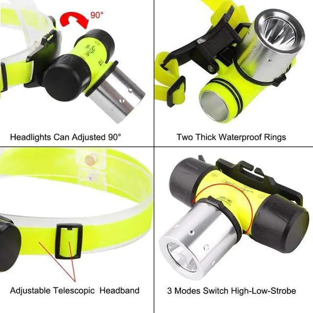 Alt view image 5 of 6 - Waterproof Diving Swimming Hiking Camping Hunting Fishing Headlamp Underwater 1200 Lumen Safety Head Light Flashlight