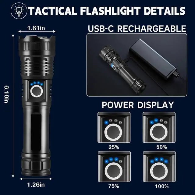 Alt view image 5 of 7 - 3Pack Rechargeable Flashlights High Lumens, 5Modes LED Flashlight Rechargeable, Super Bright Flashlight High Powered, Adjustable Tactical Flashlight, Powerful Flash Light for Home Emergencies