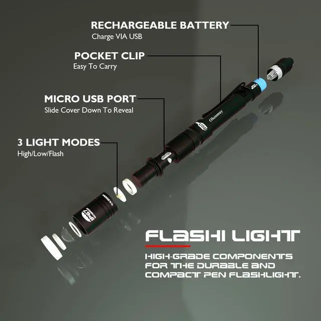 Alt view image 3 of 7 - Rechargeable Pen Light Flashlight IP67 Waterproof with Pocket Clip 4-Zoomable, Prefect Pocket Flashlight for Inspection,Work,Repair