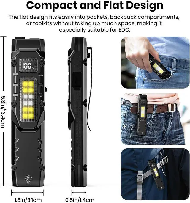 Alt view image 2 of 7 - EDC Tactical Flashlight, 1100 High Lumens Rechargeable LED Flat Flashlight w/ Clip & Digital Display, Pocket Flashlight for Home Camping Emergency, Gifts for Men Dad Him Husband, Stocking Stuffers