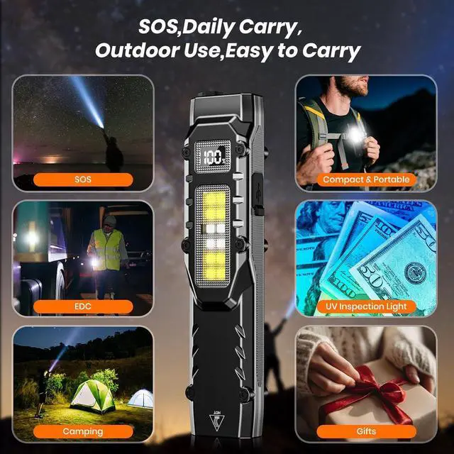 Alt view image 3 of 7 - EDC Tactical Flashlight, 1100 High Lumens Rechargeable LED Flat Flashlight w/ Clip & Digital Display, Pocket Flashlight for Home Camping Emergency, Gifts for Men Dad Him Husband, Stocking Stuffers