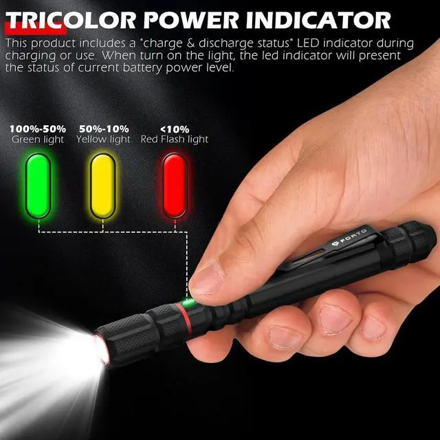 Alt view image 3 of 7 - FORTO Rechargeable Pen Light Flashlight, 400 Lumens Small Pocket Flashlight with Clip, IP67 Waterproof, 2 Light Modes, 3-Color Battery Indicator, Type-C Charging, for Inspection,Emergency1 Pack